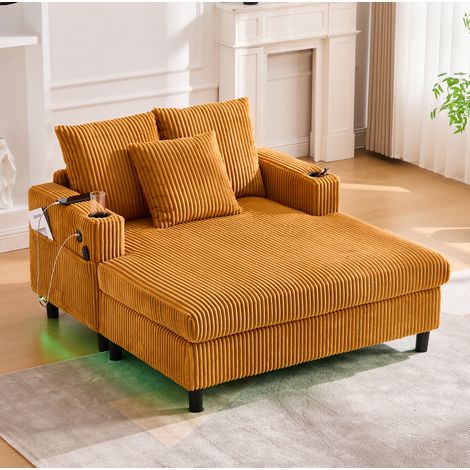 Canapé chaise longue 1 place en velours côtelé jaune moutarde 142 x 128 x 85 cm avec LED, USB (1/5)