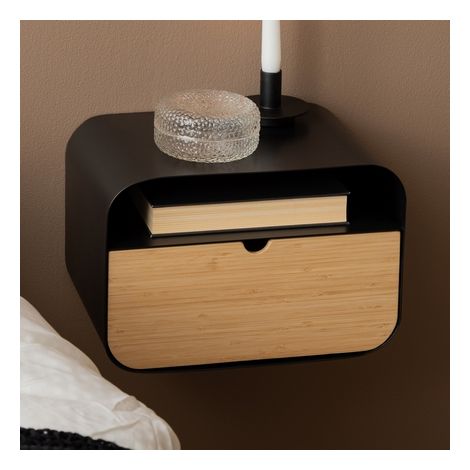 Hellin – Chevet suspendu rectangulaire en métal noir et bambou – 1 tiroir et 1 niche – Dimensions L 35 x P 25 x H 23 cm – Charge max 20 Kg (1/8)