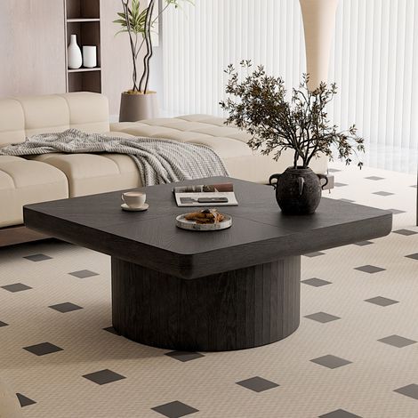 Table basse carrée noire 78x78x38cm plateau placage parquet épais pieds cylindriques design salon moderne montage simple (1/5)