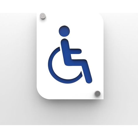 Pictogramme toilettes handicapés PMR - Plaque porte PMMA blanc personnalisable - 20x15 cm, 2 plaques superposées, fixation inox 13 mm (1/4)