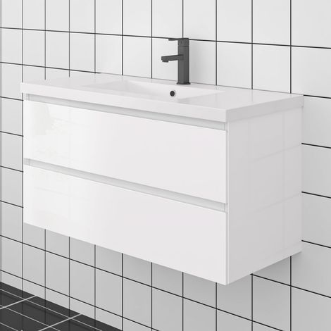 100cm Waschtisch mit Unterschrank Badezimmer keramik-Waschbecken mit Unterschrank Weiß Hochglanz (1/5)