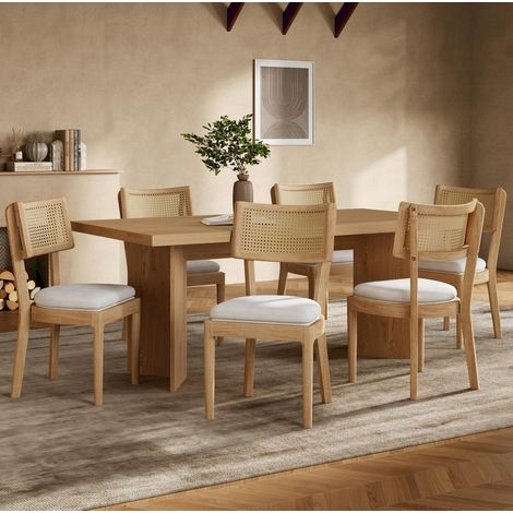 Lot de 6 chaises de salle à manger en bois avec dossier tressé, coussin en tissu respirant, style moderne pour salle à manger, salon ou café  CHICFURN (1/5)