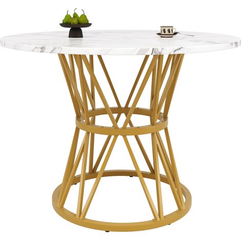 CHICFURN Mesa de comedor redonda 100x100x76 cm de MDF efecto mármol dorado para 4 personas (1/5)