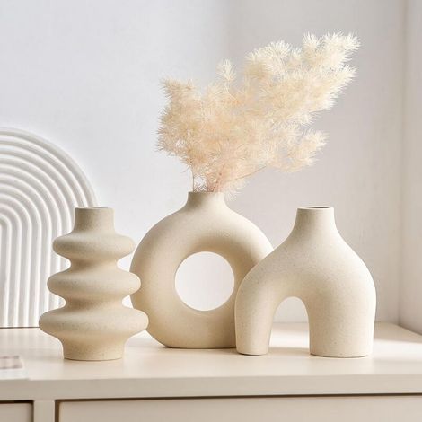 Vases décoratifs, style bohème moderne, pour la décoration intérieure, centres de table ronds en céramique blanche, lot de 3, Beige (1/5)
