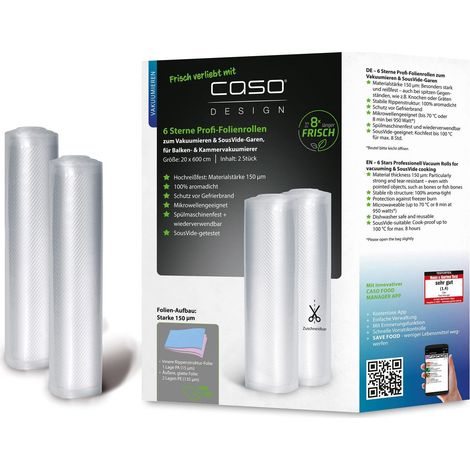 CASO Linea 6 Stelle Sacchetti Sottovuoto Goffrati per Alimenti, 2 rotoli 20x600 cm per tutti i tipi di macchine sottovuoto, molto resistenti e anti-strappo, Sous Vide, 150 µm, senza BPA (1/4)