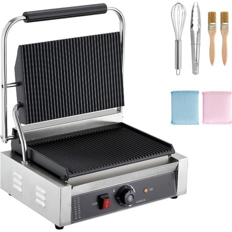 Grill Panini Professionnel 2200W, Presse à Sandwichs en Acier Inoxydable, Plaque Rainurée 34x23 cm, Contrôle de Température, Poignée Intégrée, pour Steak Haché et Bacon (1/5)