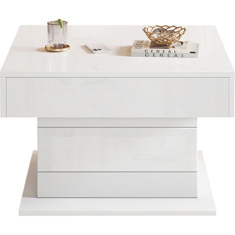 Table basse relevable carrée 70 x 70 cm blanche brillante, plateau pivotant 360°, rangement caché et tiroir, idéale salon moderne - CHICFURN (1/5)