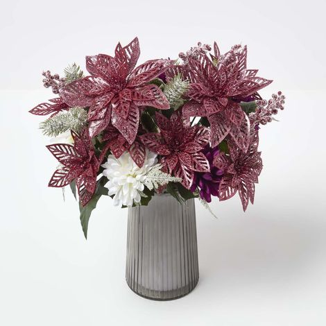 HOMESCAPES Set of 2 Artificial Red & White Glitter Poinsettia Bouquets 46 cm (1/5)