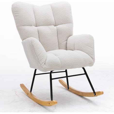 Fauteuil à bascule moderne en tissu Teddy blanc avec assise rembourrée pour salon et chambre (1/5)