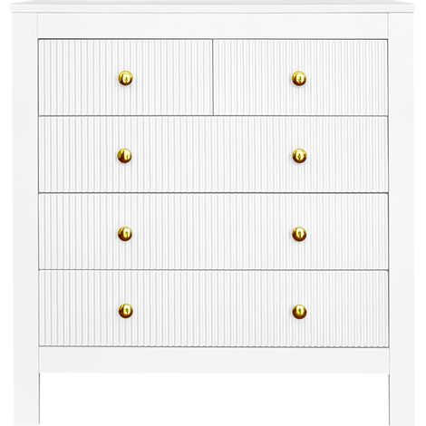 Cómoda con 5 Cajones, Frentes Texturizados y Tiradores Dorados, Estilo Elegante, de Tablero de Partículas, Blanco, 80,5×39,5×79 cm (1/5)