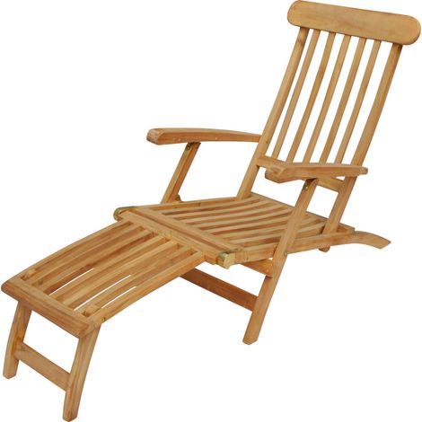 Happy Garden – Transat pliant en teck 153cm – Dossier inclinable – Long accoudoirs – Poids max 150kg – Pour terrasse et balcon