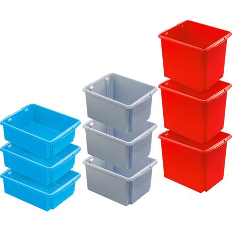 BRB Lot de 9 récipients à empiler pivotants pour Usage Alimentaire Bleu 455 x 360 mm 17 l 3 x Gris 32 l 3 x Rouge 45 l