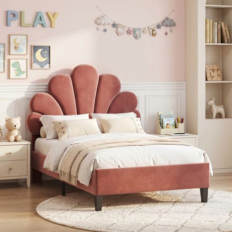 BLANKETSWARM - Lit enfant 90x200 cm, lit fille 90x200 cm avec tête de lit florale lit fille princesse lit simple rembourré pour fille, Rose