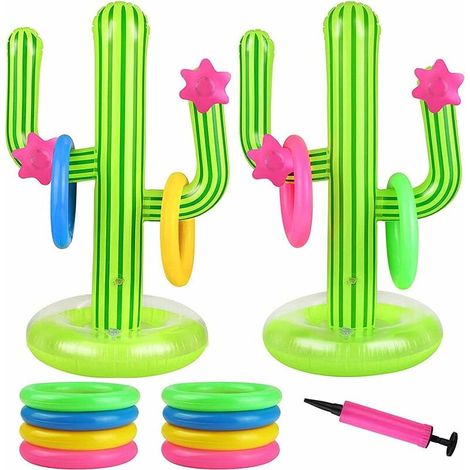 Ensemble gonflable de 11 pièces comprenant 1 flotteur, 2 cactus, 8 anneaux colorés et 1 pompe à main pour les jeux de piscine.-AquaForge (1/4)