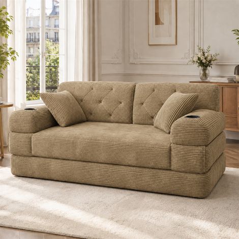 Canapé Lit Convertible 2 Places - 168x80x81cm - Banquette BZ en Velours Côtelé avec Porte-Gobelets et Poches - Kaki (1/5)