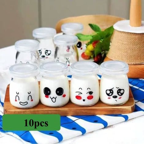 10 Pot de Yaourt vide, Pot de Yaourt en Verre avec Couvercle hermétique, petit Pot de Yaourt emoticone pour Thermomix TM5/TM6 (1/4)