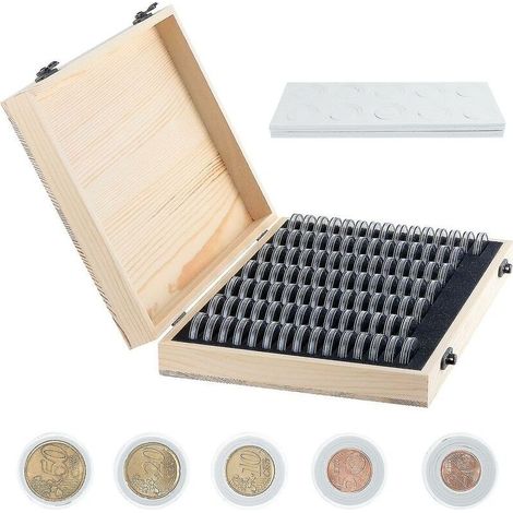 Boîte de rangement pour pièces de monnaie en bois – Capacité 100 capsules – Protection contre humidité et poussière – Dimensions 285 x 195 x 45 mm