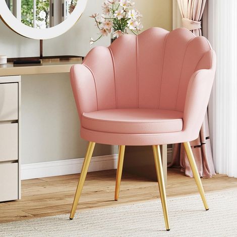 Fauteuil de coiffeuse en velours rose, dossier pétale, pieds dorés, 1 pièce (1/5)