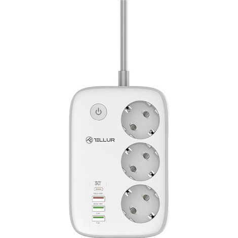 Regleta inteligente WiFi Tellur con 3 tomas, PD30W, QC18W, 2 puertos USB, 2.4A, 2500W, 10A, 2 m (1/5)