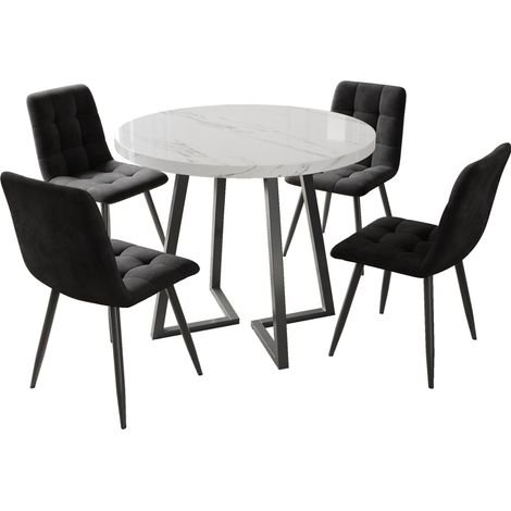 Ensemble salle à manger 5 pièces avec table ronde 80 cm plateau MDF blanc et 4 chaises en velours noir (1/5)
