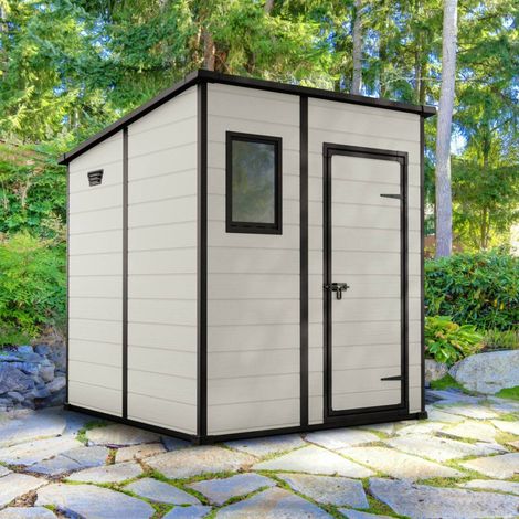 Dmora - Caseta de jardín Galliate, Cobertizo de jardín, Caseta de jardín, Trastero para herramientas, 184x185 h200 cm, Beige (1/5)