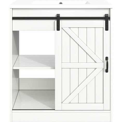 Mobile bagno bianco con lavabo in ceramica, design porta fienile, cassetti e armadio MODENUIT (1/5)