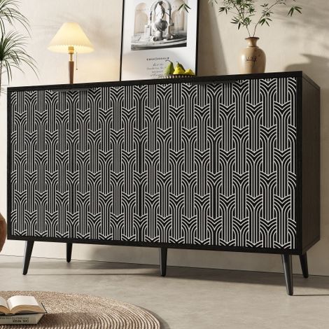 Buffet de salon, buffet noir avec portes sculptées en chevrons, poignées et pieds en métal, pour salon, chambre, cuisine (1/5)