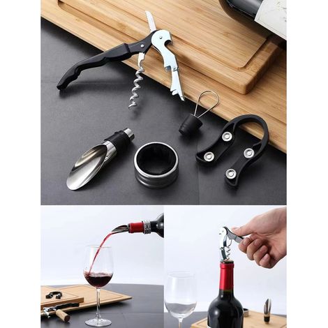 TRADE SHOP - Set Vino 5in1 Cavatappi Apribottiglie Multifunzione Anello Antigoccia Tappo Versatore -