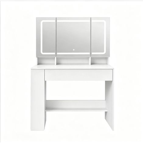 Coiffeuse avec miroir LED dimmable, rangements multiples, tiroirs et armoires, design compact pour chambre et coin maquillage, blanc, MDF et verre - CHICFURN (1/5)