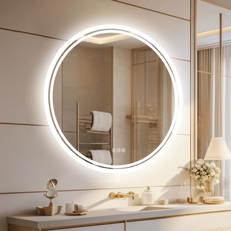 LUVODI Espejo Baño Redondo Pared Antivaho con Luz Ajustable con Interruptor Táctil para Tocador Vestidor Hotel, 60x60cm (1/5)