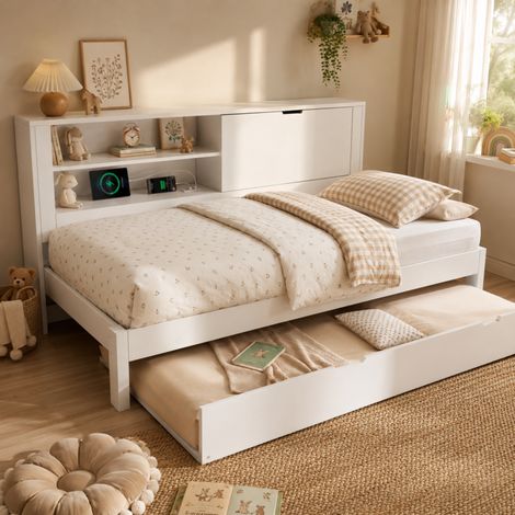 Canapé-lit 1 place 90x190 – Gigogne 90x190 – Coffre – Rangement dissimulé – USB/USB-C – Sommier lattes – Sans matelas (1/5)