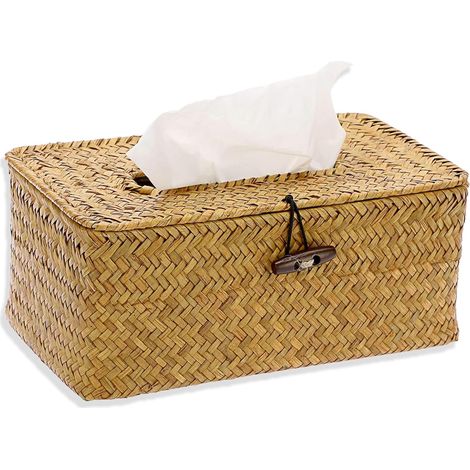Caja de pañuelos de ratán tejida a mano en color caqui, dispensador de papel para el hogar y la decoración. (1/5)