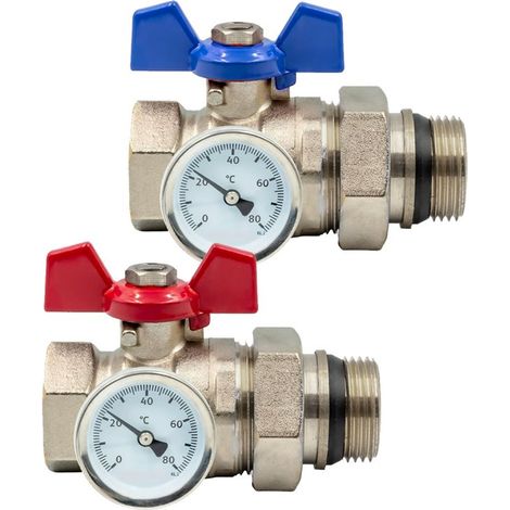 Kit vannes droite robinet a boisseau rouge et bleue laiton chrome avec thermometre MF 26X34