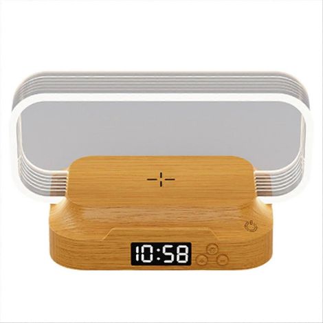 Veilleuse de chevet avec réveil, lampe tactile, chargeur sans fil et veilleuse à intensité variable pour réveil en douceur. (1/5)