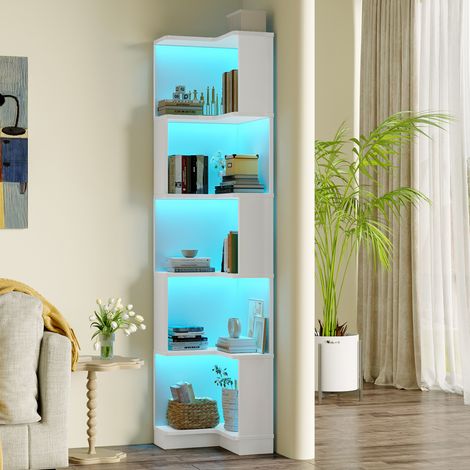Bibliothèque d’angle 63,5x45x175cm en L blanc 5 niveaux de rangement barre LED couleur variable contrôle application. (1/5)