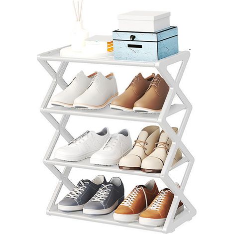 Zapatero plegable de 4 niveles, ahorra espacio, es independiente, de color blanco, ideal para el armario, el pasillo, la entrada o el dormitorio. (1/5)