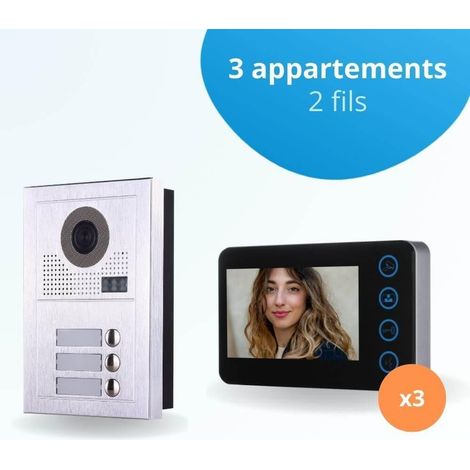 Portier interphone vidéo MODERN 2 Fils - 3 appartements - 3 écrans noirs
