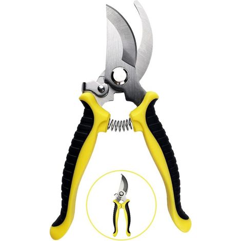 Sécateur de jardin, ciseaux antidérapants avec poignée de verrouillage, pour l'élagage des jardins, arbustes, clôtures (jaune) (1/5)