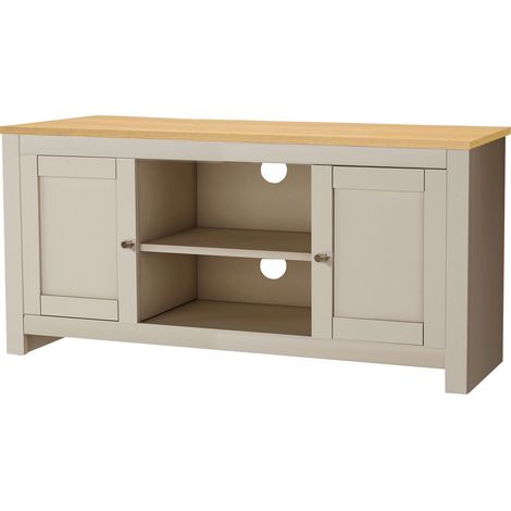 Meuble TV chêne et crème avec 2 portes – Panneau de particules stratifié – Style maison de campagne moderne – Dimensions optimisées (1/4)