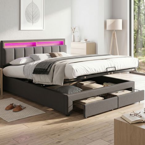 Cama juvenil 180x200 cm gris oscuro en lino con LED y espacio de almacenaje (1/5)