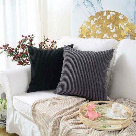 Housse De Coussin - Velours Côtelé - 45x45 Cm - Rayures Noires - Fermeture Éclair Invisible - Lot De 2 (1/4)