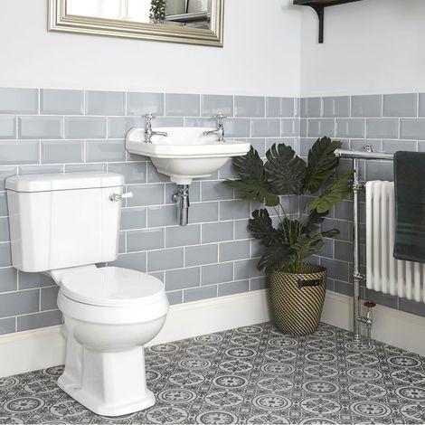 Milano Richmond White Ceramic Close Coupled Toilet and Wall Hung Bathroom Basin Sink with Two Tap Holes
