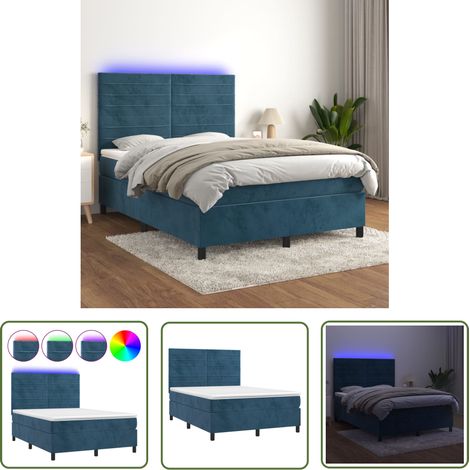 The Living Store Boxspringbett mit Matratze & LED Dunkelblau 140x200 cm Samt - Boxspringbett - Doppelbett - Samtbett - Luxusbett - Schlafsofa (1/5)