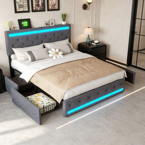 Lit coffre double 180x200 cm,  avec 4 tirtors,Éclairage LED orientable,Prises USB – Sommier à lattes –adapté aux adultes et adolescents,Gris (1/5)