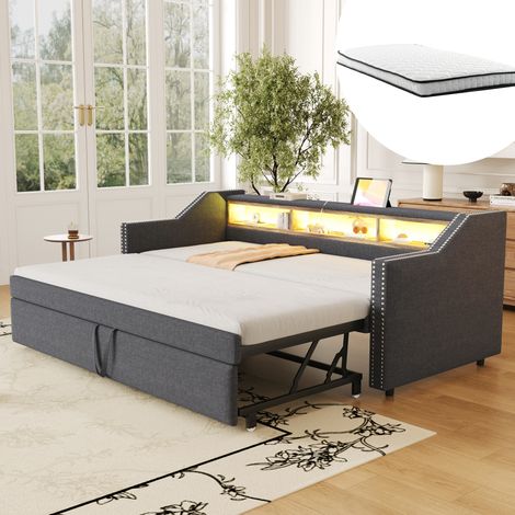 DESVIAE Canapé lit rembourré extensible 90 x 190 180 x 190 avec rangement latéral LED USB sommier à lattes deux matelas à ressorts ensachés gris foncé (1/5)