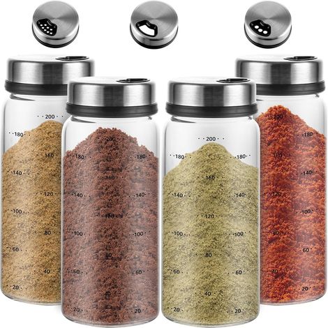 4 Pièces Pot Epices Verre 200ml, Bocaux à Épices Borosilicaté, Pot pour Epices Cuisine Vide Avec Couvercle Rotatifs, Pot de Rangement pour lespour cuisine, barbecue en plein air (1/5)
