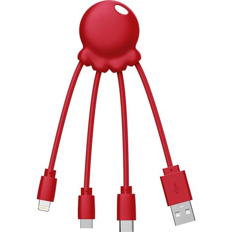 Câble Multi USB 4 en 1 en Forme de Pieuvre - Chargeur Universel en Plastique Recyclé - Prise USB-C, Lightning, USB-A, Micro USB pour Smartphone - Rouge (1/5)