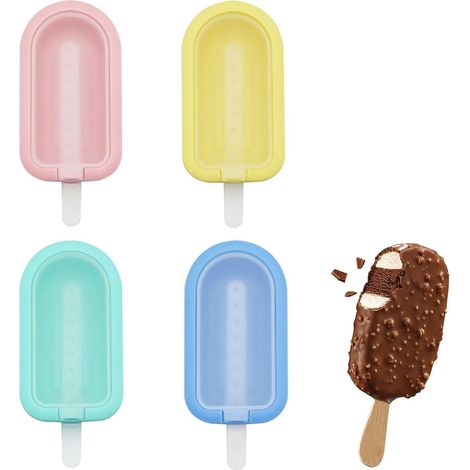 Juego de 4 moldes de silicona para paletas heladas, máquina para hacer paletas de hielo caseras con palitos de plástico, en verde, rosa, amarillo y azul (1/5)