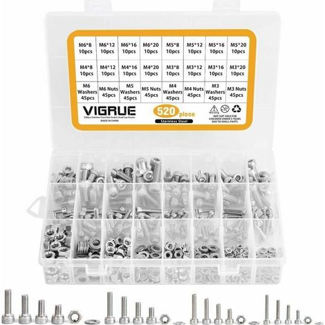 Kit de 520 vis à tête cylindrique creuse hexagonale en acier inoxydable M3 M4 M5 M6 avec écrous assortis (1/5)