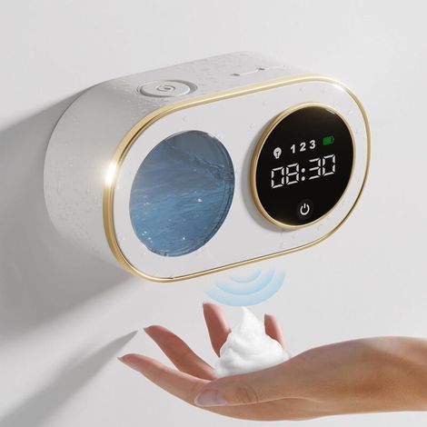 Distributeur automatique de savon moussant avec horloge numérique LED HD, distributeur de savon moussant à montage mural (1/5)